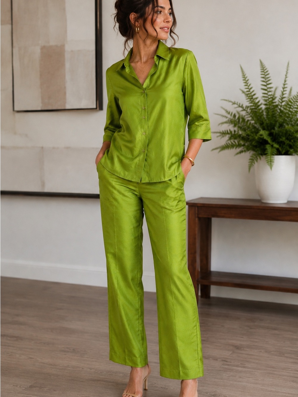 Vintage Sag Harbor Dress Petite 2-Piece Pantsuit Silk Look Lime Green Size 10P